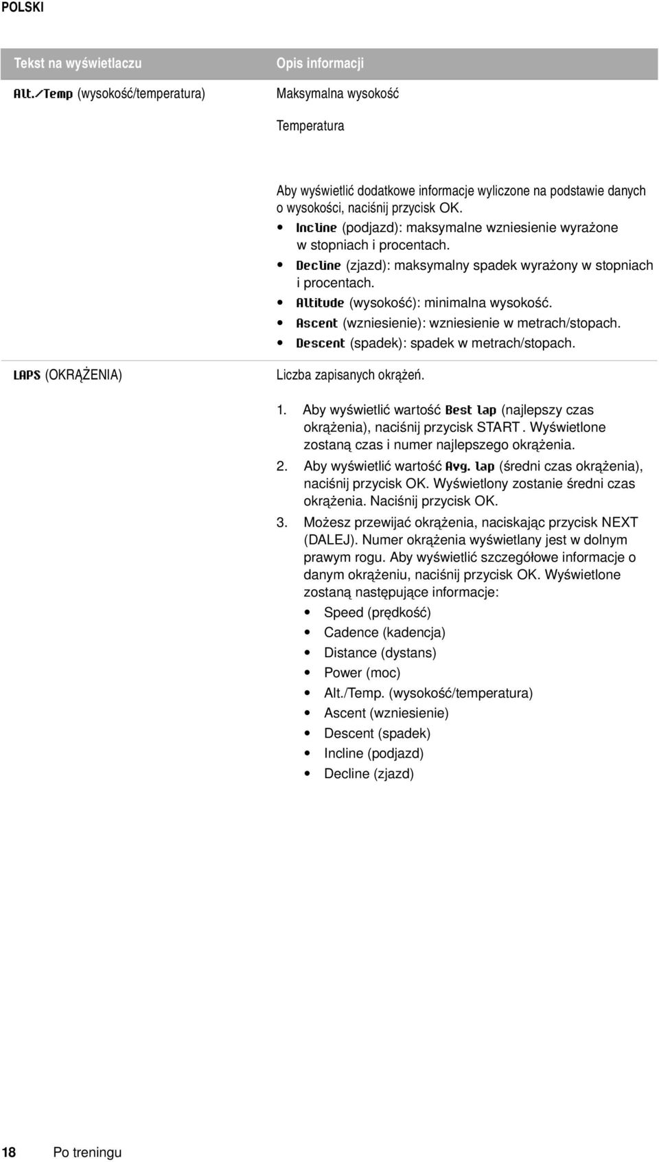 Altitude (wysokość): minimalna wysokość. Ascent (wzniesienie): wzniesienie w metrach/stopach. Descent (spadek): spadek w metrach/stopach. Liczba zapisanych okrążeń. 1.