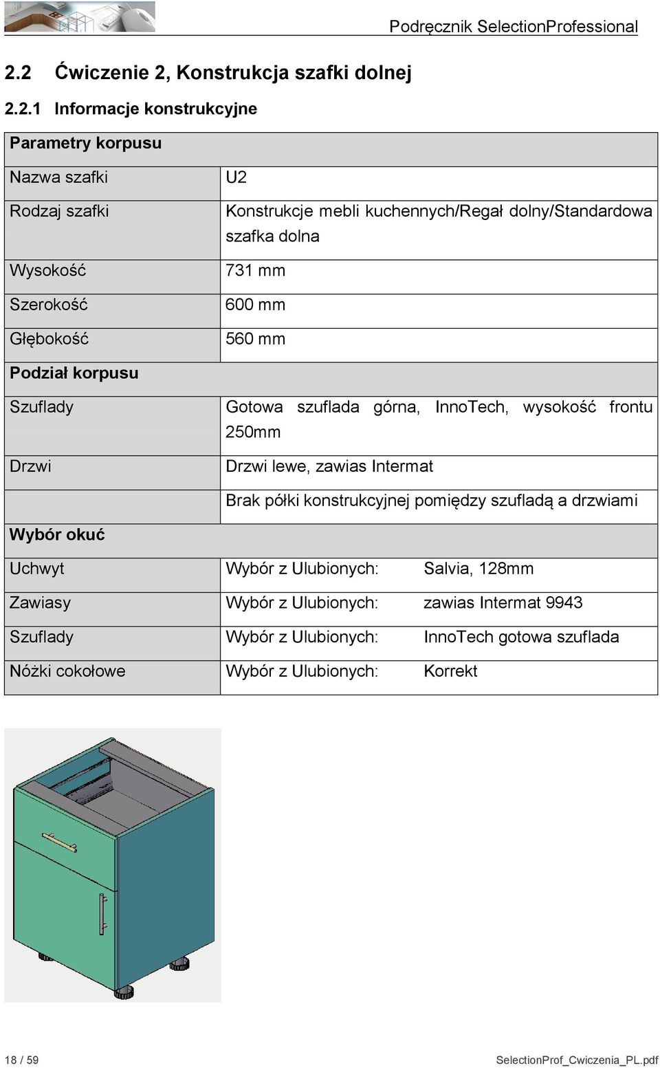 frontu 250mm Drzwi lewe, zawias Intermat Brak półki konstrukcyjnej pomiędzy szufladą a drzwiami Wybór okuć Uchwyt Wybór z Ulubionych: Salvia, 128mm Zawiasy