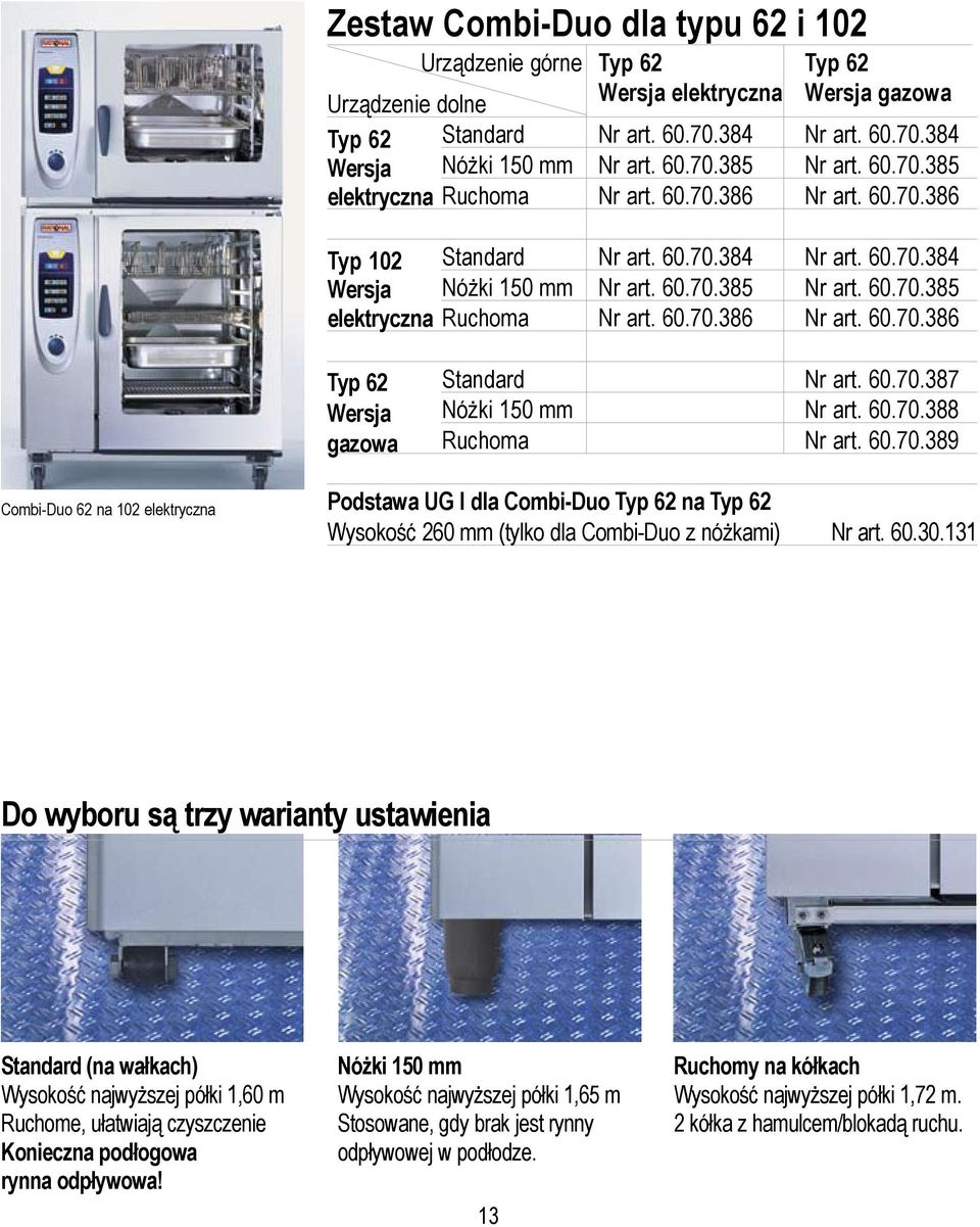60.70.386 Nr art. 60.70.386 Typ 62 Wersja gazowa Standard Nr art. 60.70.387 Nóżki 150 mm Nr art. 60.70.388 Ruchoma Nr art. 60.70.389 Combi-Duo 62 na 102 elektryczna Podstawa UG I dla Combi-Duo Typ 62 na Typ 62 Wysokość 260 mm (tylko dla Combi-Duo z nóżkami) Nr art.