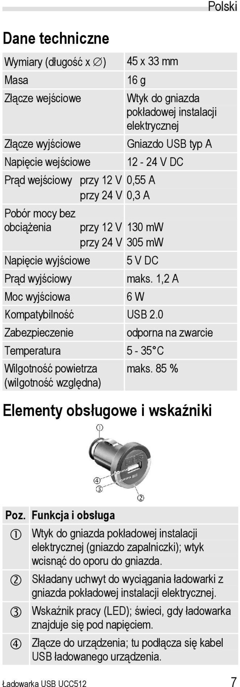 0 Zabezpieczenie Temperatura 5-35 C Wilgotność powietrza (wilgotność względna) odporna na zwarcie maks. 85 % Elementy obsługowe i wskaźniki Polski Poz.