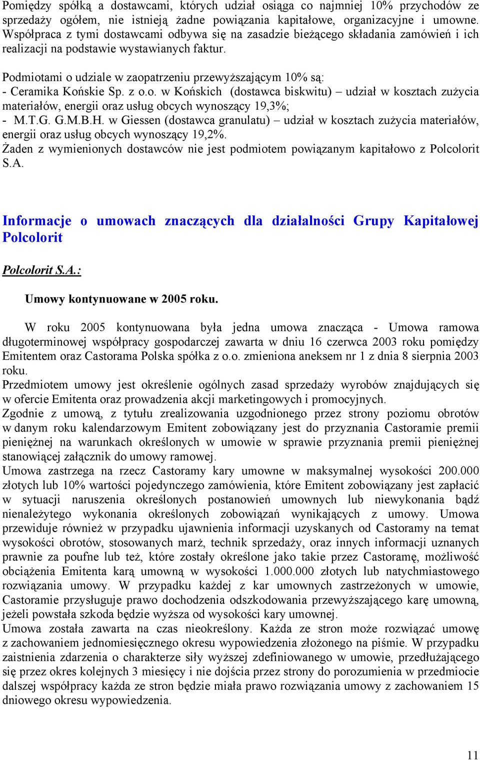 Podmiotami o udziale w zaopatrzeniu przewyższającym 10% są: - Ceramika Końskie Sp. z o.o. w Końskich (dostawca biskwitu) udział w kosztach zużycia materiałów, energii oraz usług obcych wynoszący 19,3%; - M.