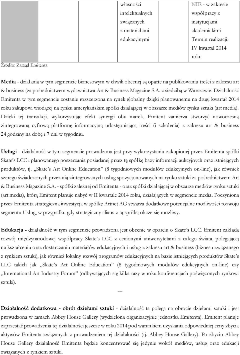 Działalność Emitenta w tym segmencie zostanie rozszerzona na rynek globalny dzięki planowanemu na drugi kwartał 2014 roku zakupowi wiodącej na rynku amerykańskim spółki działającej w obszarze mediów