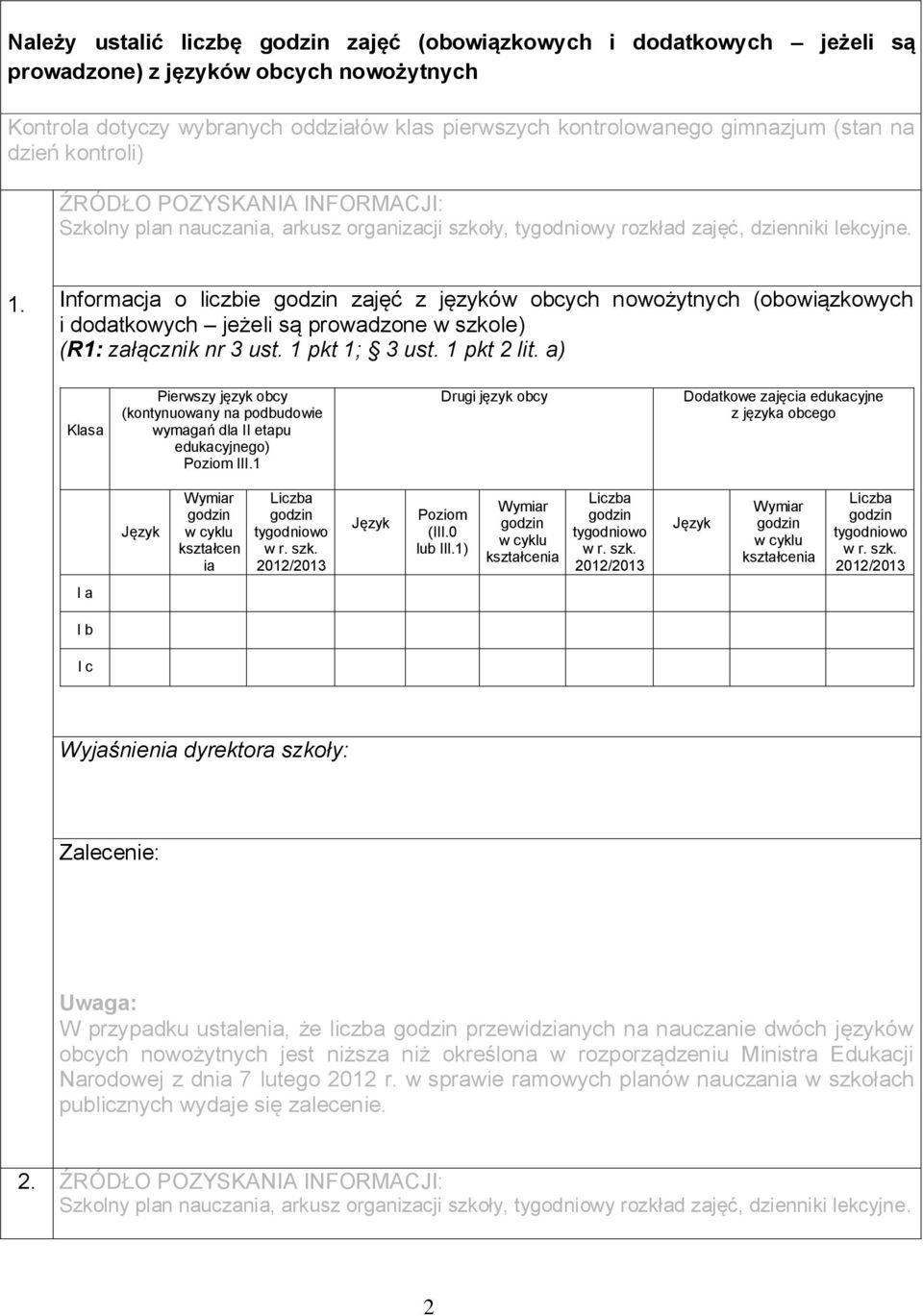 Informacja o liczbie zajęć z języków obcych nowożytnych (obowiązkowych i dodatkowych jeżeli są prowadzone w szkole) (R1: załącznik nr 3 ust. 1 pkt 1; 3 ust. 1 pkt 2 lit.