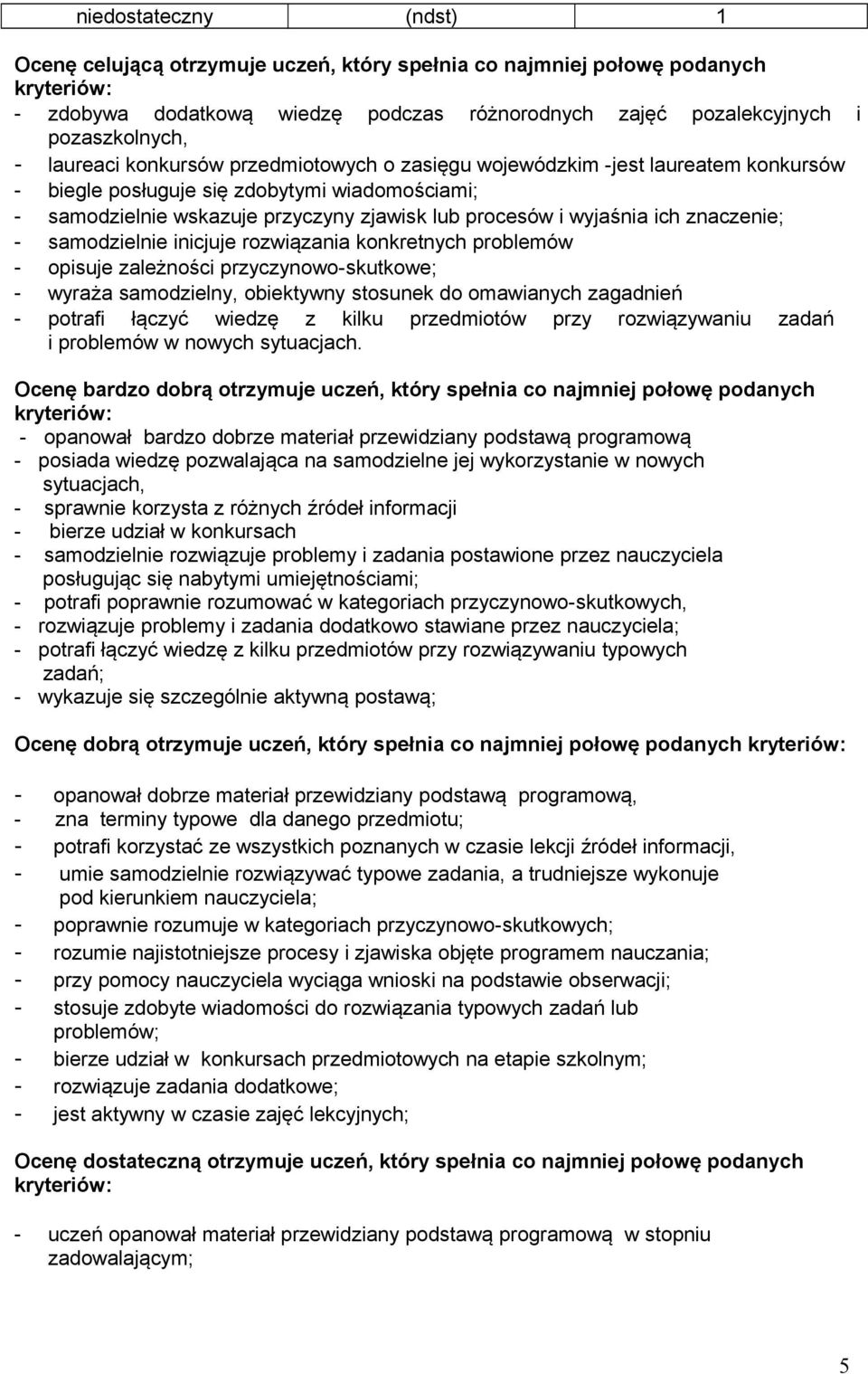 znaczenie; - samodzielnie inicjuje rozwiązania konkretnych problemów - opisuje zależności przyczynowo-skutkowe; - wyraża samodzielny, obiektywny stosunek do omawianych zagadnień - potrafi łączyć