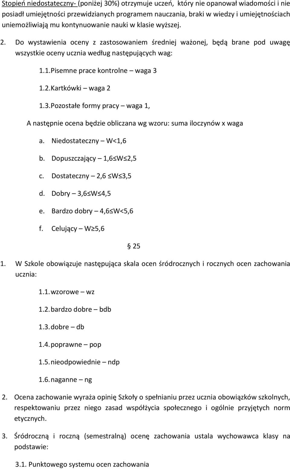 1. Pisemne prace kontrolne waga 3 1.2. Kartkówki waga 2 1.3. Pozostałe formy pracy waga 1, A następnie ocena będzie obliczana wg wzoru: suma iloczynów x waga a. Niedostateczny W<1,6 b.