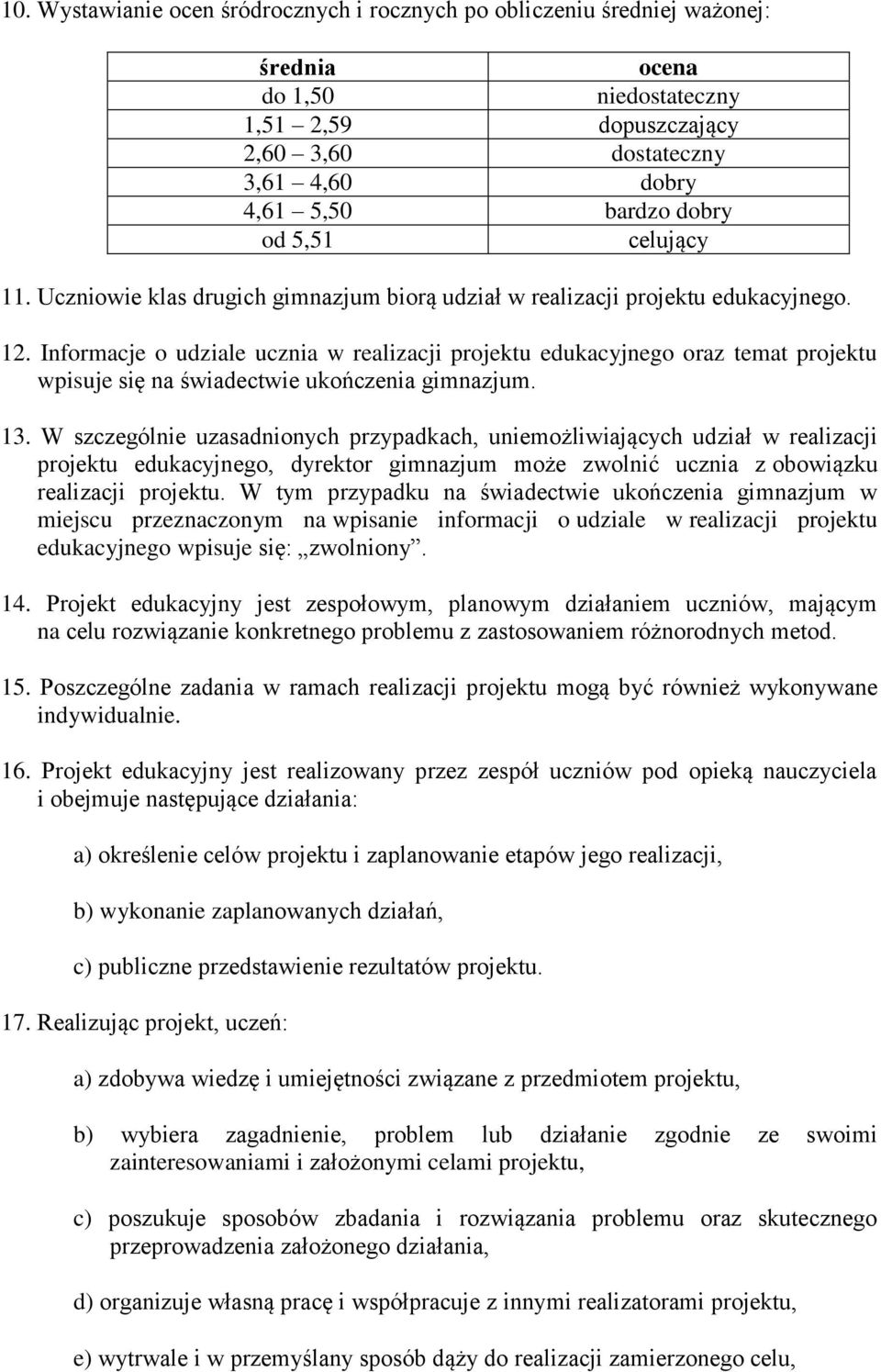 Informacje o udziale ucznia w realizacji projektu edukacyjnego oraz temat projektu wpisuje się na świadectwie ukończenia gimnazjum. 13.