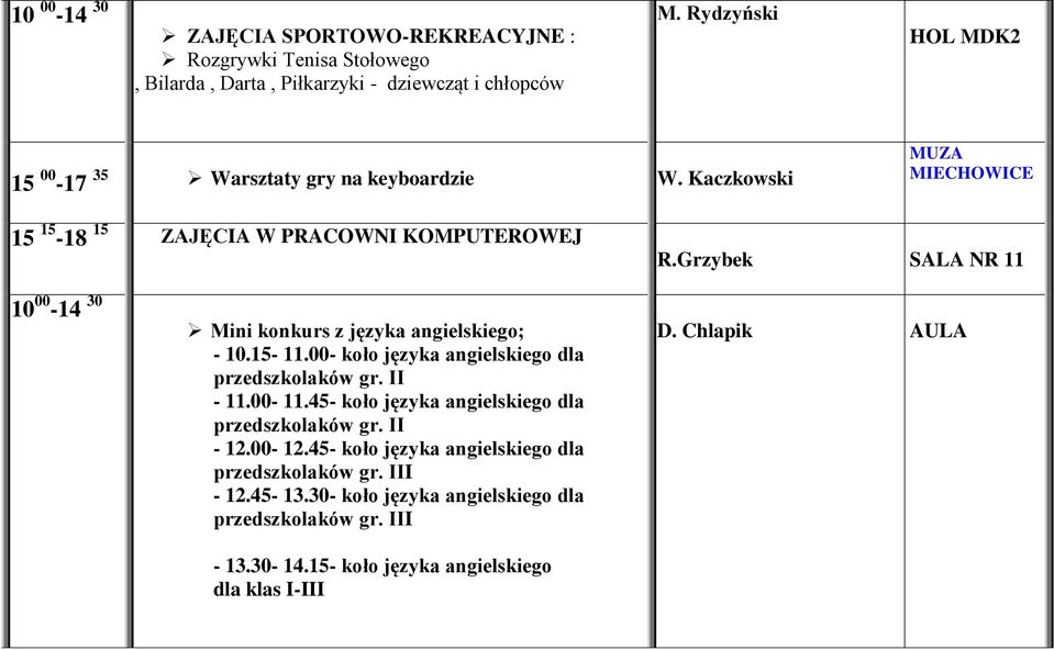 Grzybek SALA NR 11 10 00-14 30 Mini konkurs z języka angielskiego; - 10.15-11.00- koło języka angielskiego dla przedszkolaków gr. II - 11.00-11.