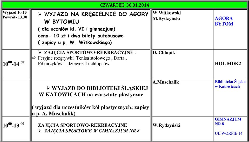 Rydzyński AGORA BYTOM 10 00-14 30 ZAJĘCIA SPORTOWO-REKREACYJNE : Feryjne rozgrywki Tenisa stołowego, Darta, Piłkarzyków - dziewcząt i chłopców D.