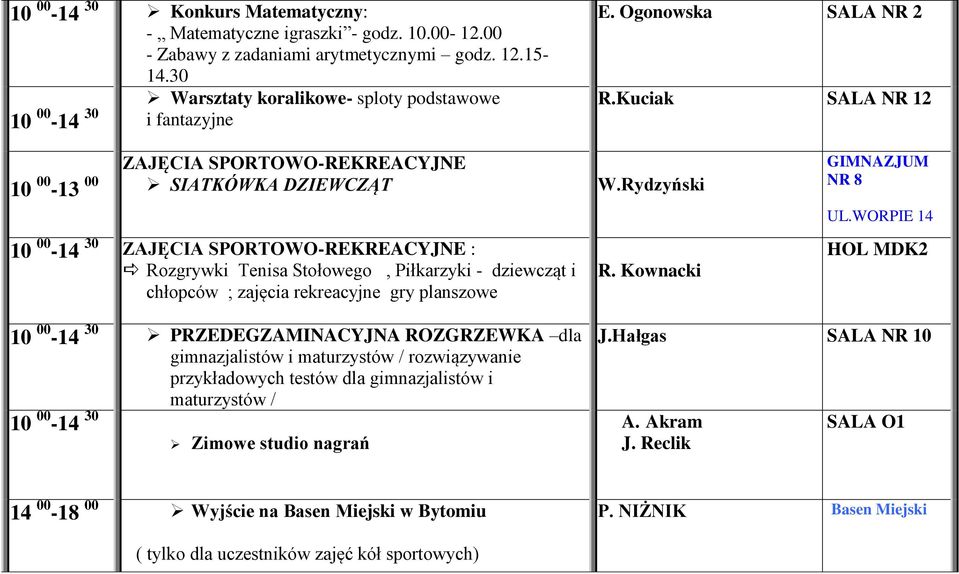 Kuciak SALA NR 12 ZAJĘCIA SPORTOWO-REKREACYJNE 10 00-13 00 SIATKÓWKA DZIEWCZĄT 10 00-14 30 ZAJĘCIA SPORTOWO-REKREACYJNE : Rozgrywki Tenisa Stołowego, Piłkarzyki - dziewcząt i chłopców ; zajęcia