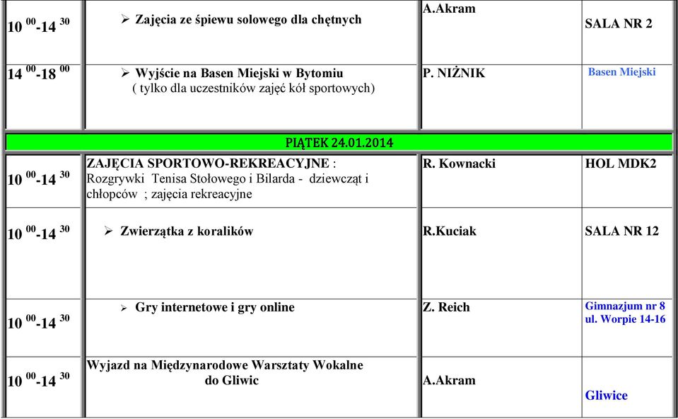 2014 10 00-14 30 ZAJĘCIA SPORTOWO-REKREACYJNE : Rozgrywki Tenisa Stołowego i Bilarda - dziewcząt i chłopców ; zajęcia rekreacyjne