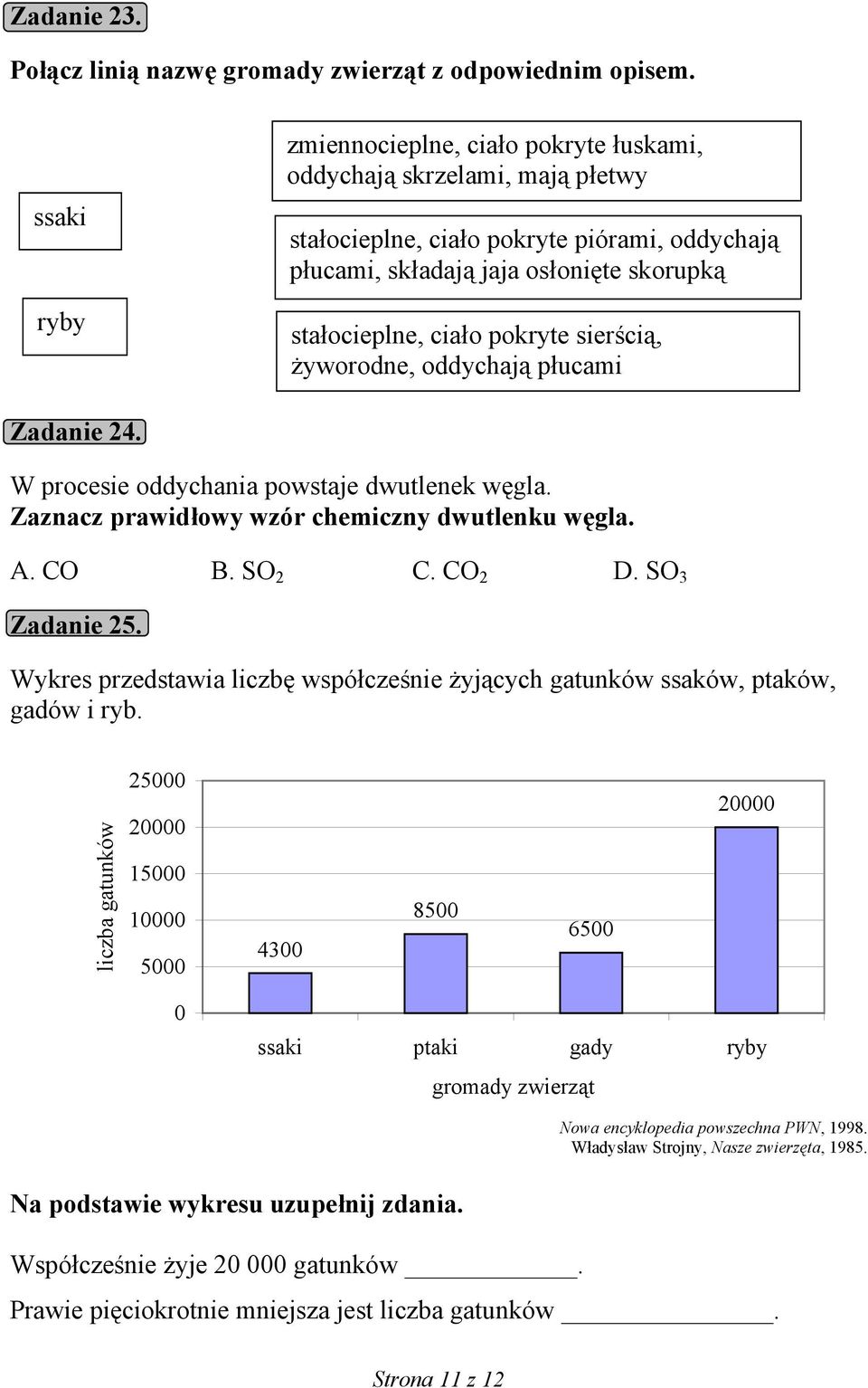 sierścią, żyworodne, oddychają płucami Zadanie 24. W procesie oddychania powstaje dwutlenek węgla. Zaznacz prawidłowy wzór chemiczny dwutlenku węgla. A. CO B. SO 2 C. CO 2 D. SO 3 Zadanie 25.