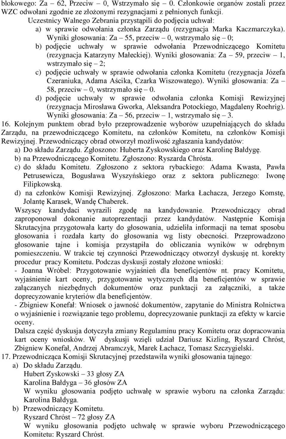 Wyniki głosowania: Za 55, przeciw 0, wstrzymało się 0; b) podjęcie uchwały w sprawie odwołania Przewodniczącego Komitetu (rezygnacja Katarzyny Małeckiej).