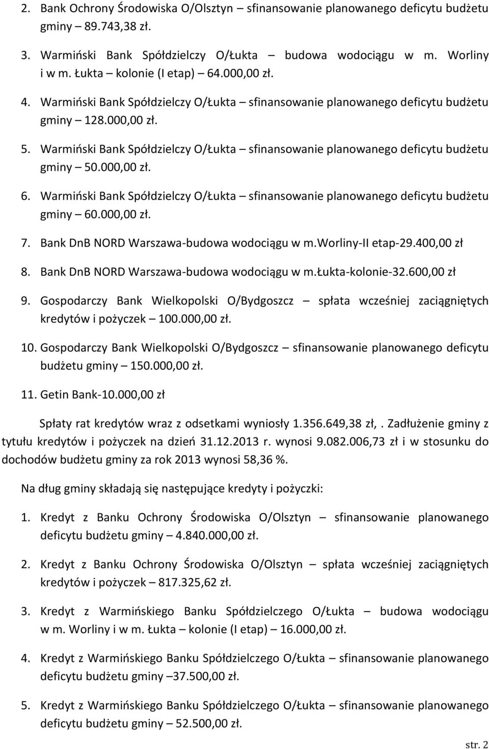 Warmioski Bank Spółdzielczy O/Łukta sfinansowanie planowanego deficytu budżetu gminy 50.000,00 zł. 6. Warmioski Bank Spółdzielczy O/Łukta sfinansowanie planowanego deficytu budżetu gminy 60.000,00 zł. 7.