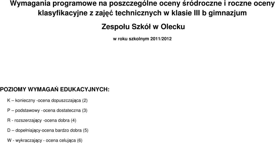 WYMAGAŃ EDUKACYJNYCH: K konieczny -ocena dopuszczająca (2) P podstawowy - ocena dostateczna (3) R