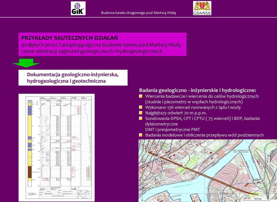 badawcze i wiercenia do celów hydrologicznych (studnie i piezometry w węzłach hydrologicznych) Wykonano 136 wierceń rurowanych z lądu i wody Najgłębszy