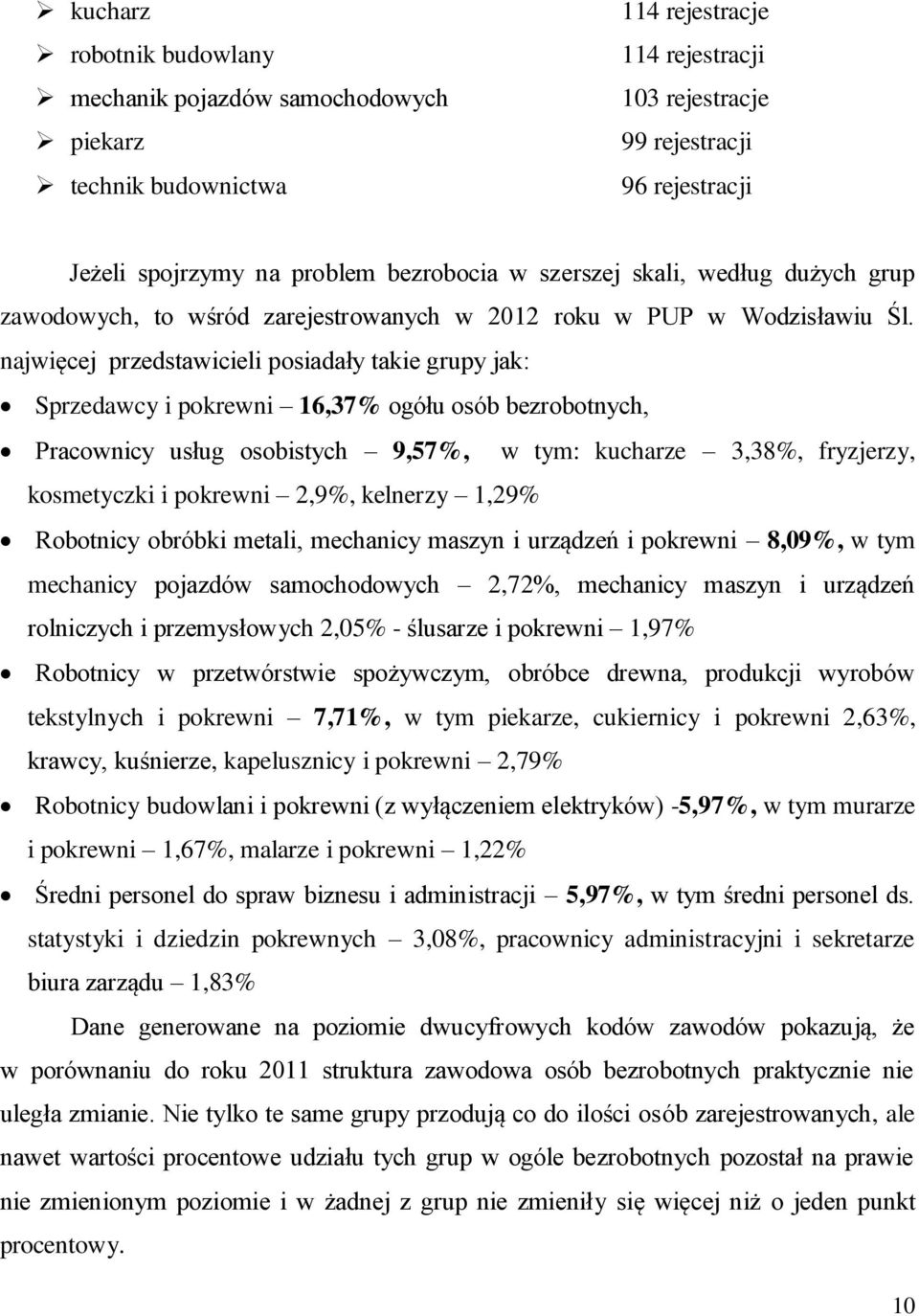 najwięcej przedstawicieli posiadały takie grupy jak: Sprzedawcy i pokrewni 16,37% ogółu osób bezrobotnych, Pracownicy usług osobistych 9,57%, w tym: kucharze 3,38%, fryzjerzy, kosmetyczki i pokrewni