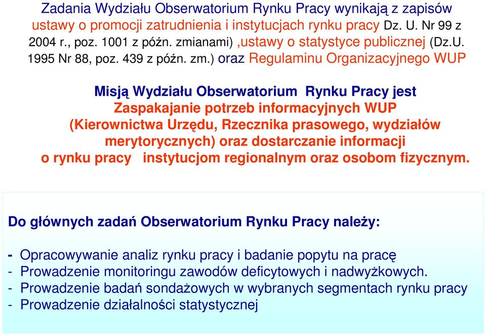 ) oraz Regulaminu Organizacyjnego WUP Misją Wydziału Obserwatorium Rynku Pracy jest Zaspakajanie potrzeb informacyjnych WUP (Kierownictwa Urzędu, Rzecznika prasowego, wydziałów merytorycznych) oraz