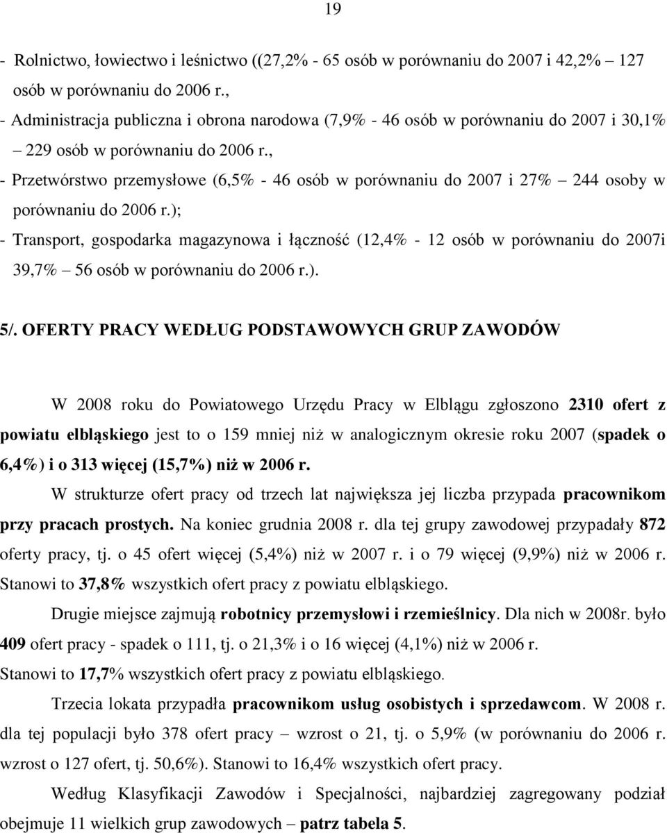 , - Przetwórstwo przemysłowe (6,5% - 46 osób w porównaniu do 2007 i 27% 244 osoby w porównaniu do 2006 r.