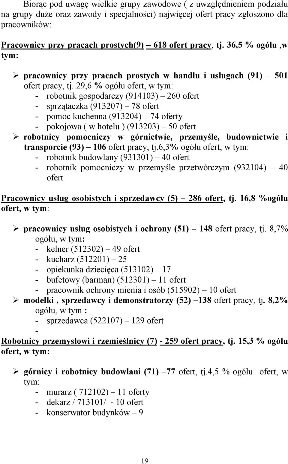 29,6 % ogółu ofert, w tym: - robotnik gospodarczy (914103) 260 ofert - sprzątaczka (913207) 78 ofert - pomoc kuchenna (913204) 74 oferty - pokojowa ( w hotelu ) (913203) 50 ofert robotnicy pomocniczy