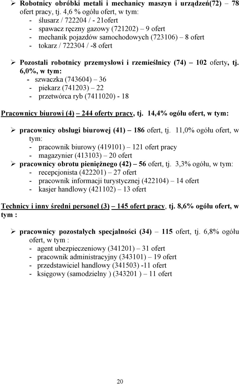 przemysłowi i rzemieślnicy (74) 102 oferty, tj. 6,0%, w tym: - szwaczka (743604) 36 - piekarz (741203) 22 - przetwórca ryb (7411020) - 18 Pracownicy biurowi (4) 244 oferty pracy, tj.