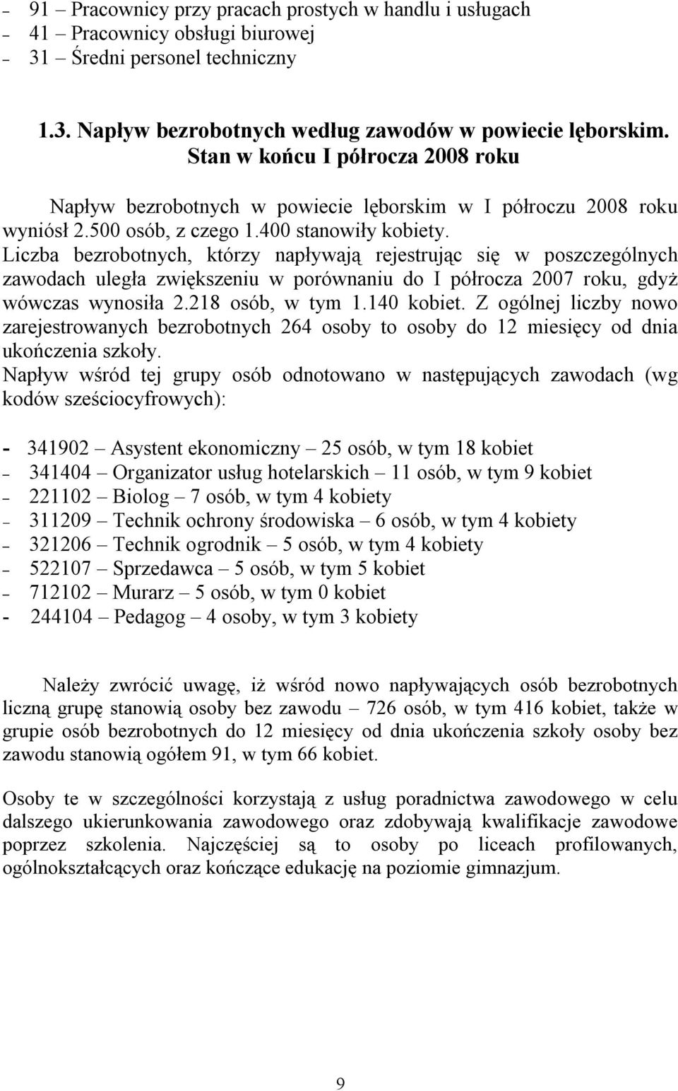 Liczba bezrobotnych, którzy napływają rejestrując się w poszczególnych zawodach uległa zwiększeniu w porównaniu do I półrocza 2007 roku, gdyż wówczas wynosiła 2.218 osób, w tym 1.140 kobiet.