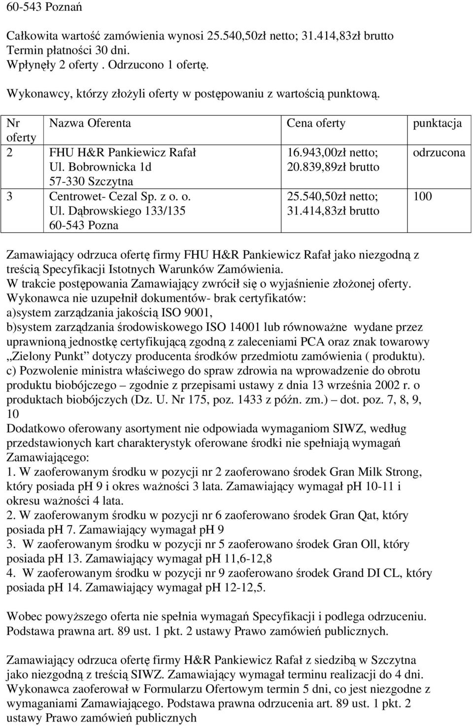 414,83zł brutto Zamawiający odrzuca ofertę firmy FHU H&R Pankiewicz Rafał jako niezgodną z treścią Specyfikacji Istotnych Warunków Zamówienia.