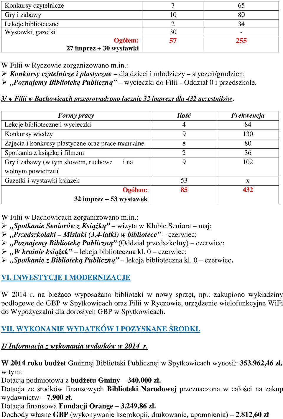 3/ w Filii w Bachowicach przeprowadzono łącznie 32 imprezy dla 432 uczestników.