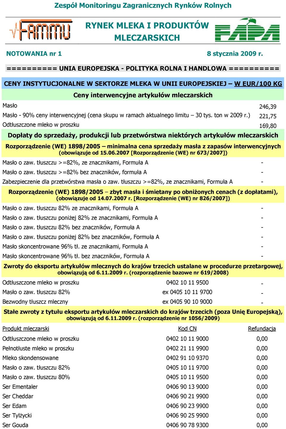 interwencyjnej (cena skupu w ramach aktualnego limitu 30 tys. ton w 2009 r.