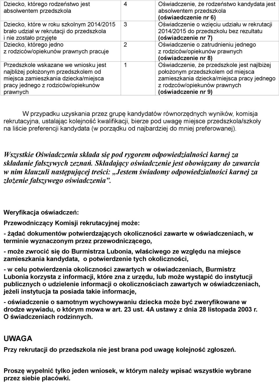 Oświadczenie, że rodzeństwo kandydata jest absolwentem przedszkola (oświaedczenie nr 6) 3 Oświadczenie o wzięciu udziału w rekrutacji 2014/2015 do przedszkolu bez rezultatu (oświadczenie nr 7) 2