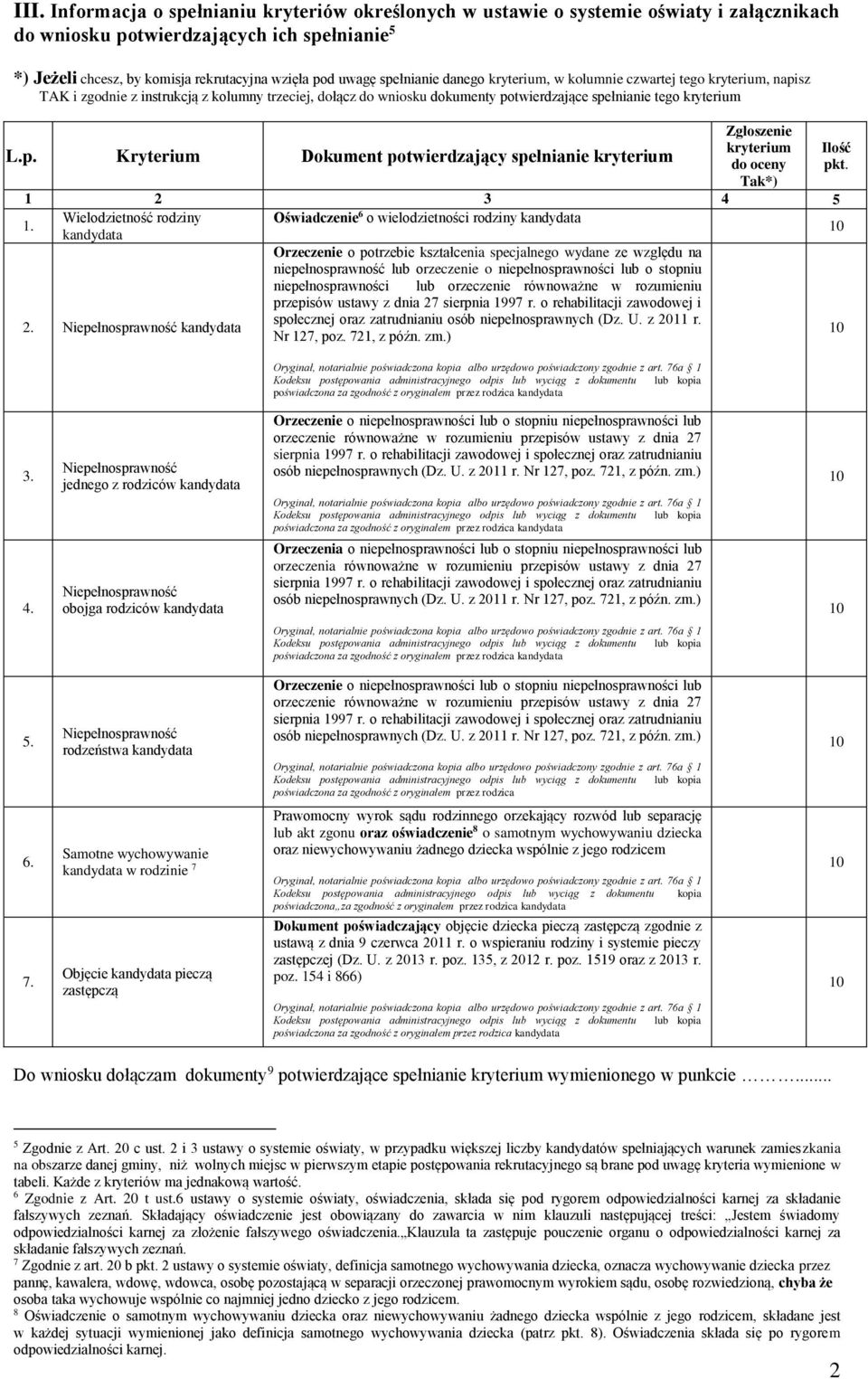 Wielodzietność rodziny Oświadcze 6 o wielodzietności rodziny kandydata kandydata Orzecze o potrzebie kształcenia specjalnego wydane ze względu na pełnosprawność lub orzecze o pełnosprawności lub o