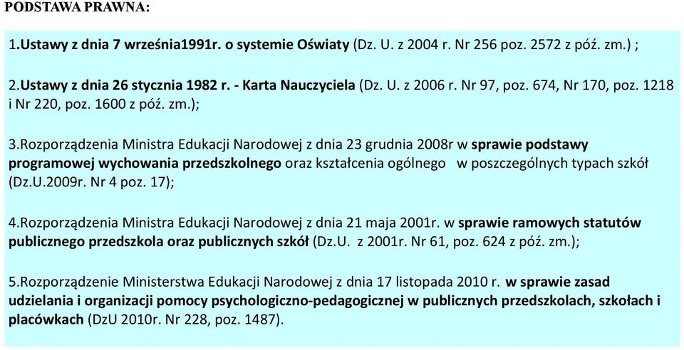 Rozporządzenia Ministra Edukacji Narodowej z dnia 23 grudnia 2008r w sprawie podstawy programowej wychowania przedszkolnego oraz kształcenia ogólnego w poszczególnych typach szkół (Dz.U.2009r.