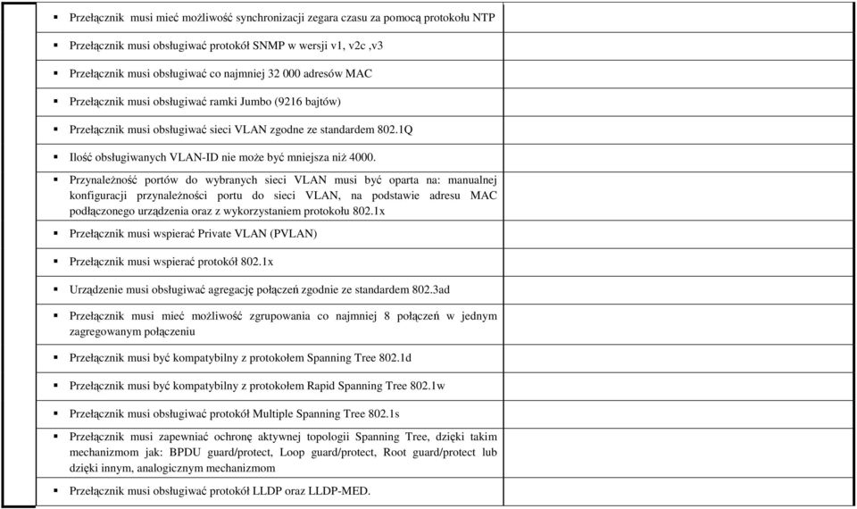 PrzynaleŜność portów do wybranych sieci VLAN musi być oparta na: manualnej konfiguracji przynaleŝności portu do sieci VLAN, na podstawie adresu MAC podłączonego urządzenia oraz z wykorzystaniem