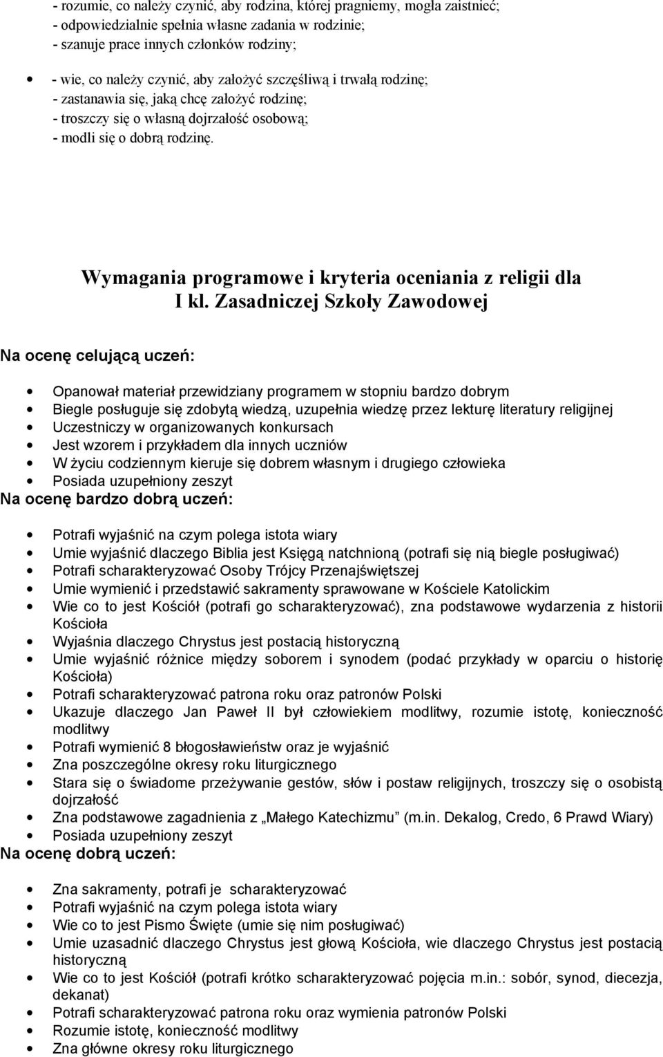 Wymagania programowe i kryteria oceniania z religii dla I kl.