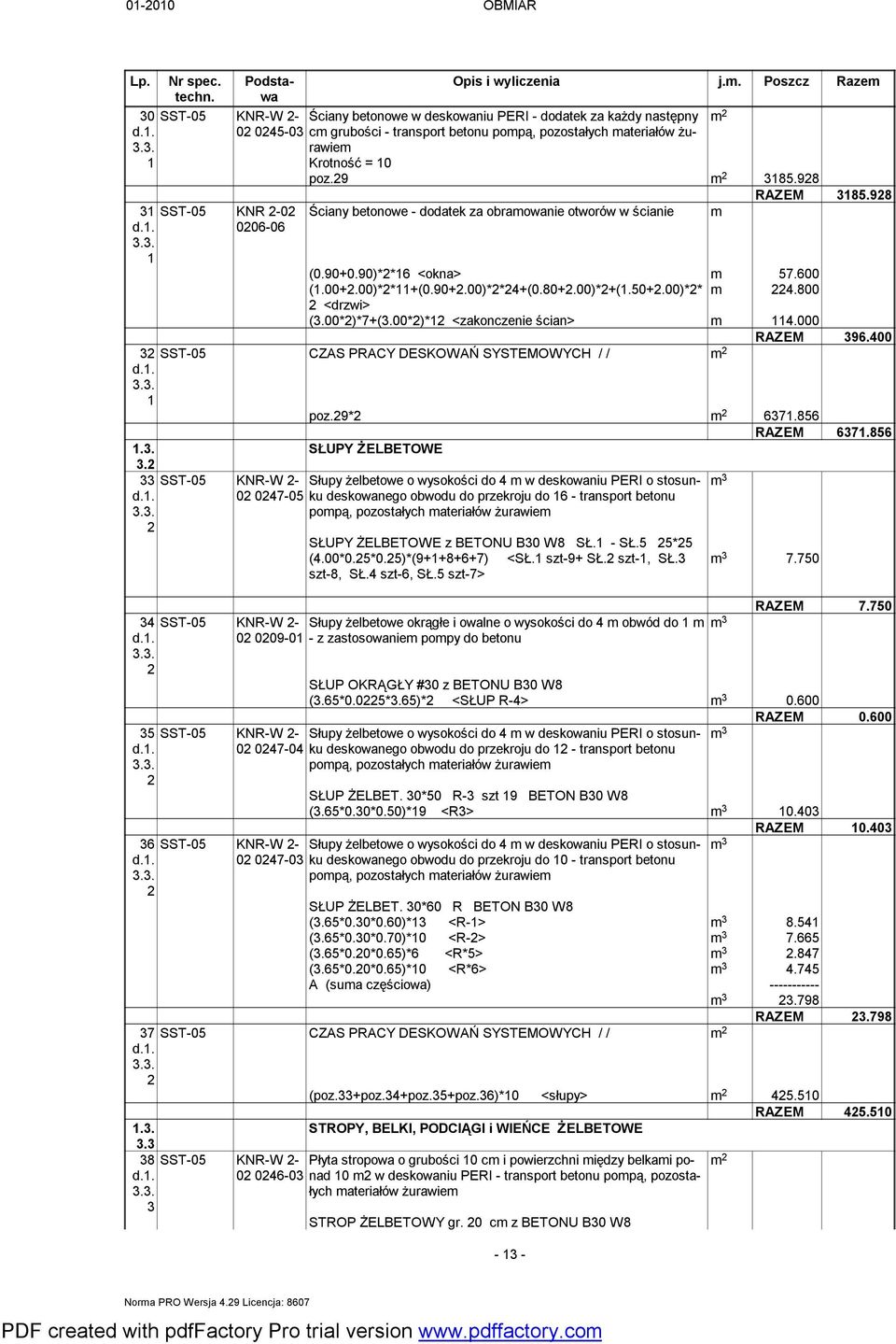 00*)* <zakonczenie ścian> m 4.000 RAZEM 96.400 SST-05 CZAS PRACY DESKOWAŃ SYSTEMOWYCH / /.. poz.9* 67.856 RAZEM 67.856.. SŁUPY ŻELBETOWE.