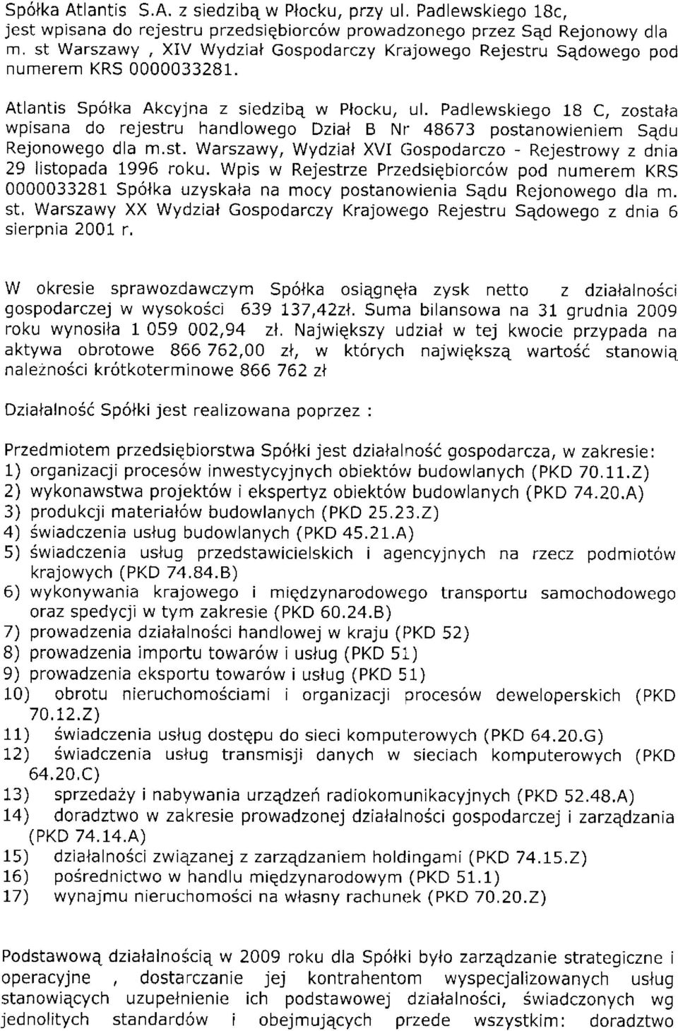 Padlewskiego 18 C, zostala wpisana do rejestru handlowego Dzial B Nr 48673 postanowieniem Sqdu Rejonowego dla m.st. Warszawy, Wydzial XVI Gospodarczo - Rejestrowy z dnia 29 llstopada 1996 roku.