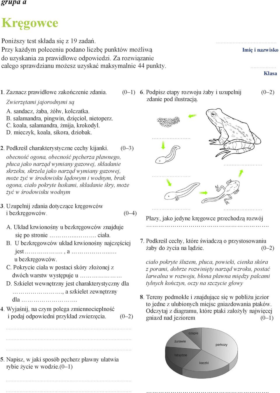 salamandra, żmija, krokodyl D mieczyk, koala, sikora, dziobak 6 Podpisz etapy rozwoju żaby i uzupełnij (0 2) zdanie pod ilustracją 2 Podkreśl charakterystyczne cechy kijanki (0 3) obecność ogona,