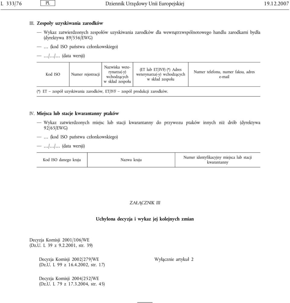 wersji) rejestracji Nazwiska weterynarza(-y) wchodzących w skład zespołu (ET lub ET/IVF) (*) Adres weterynarza(-y) wchodzących w skład zespołu telefonu, numer faksu, adres e-mail (*) ET zespół