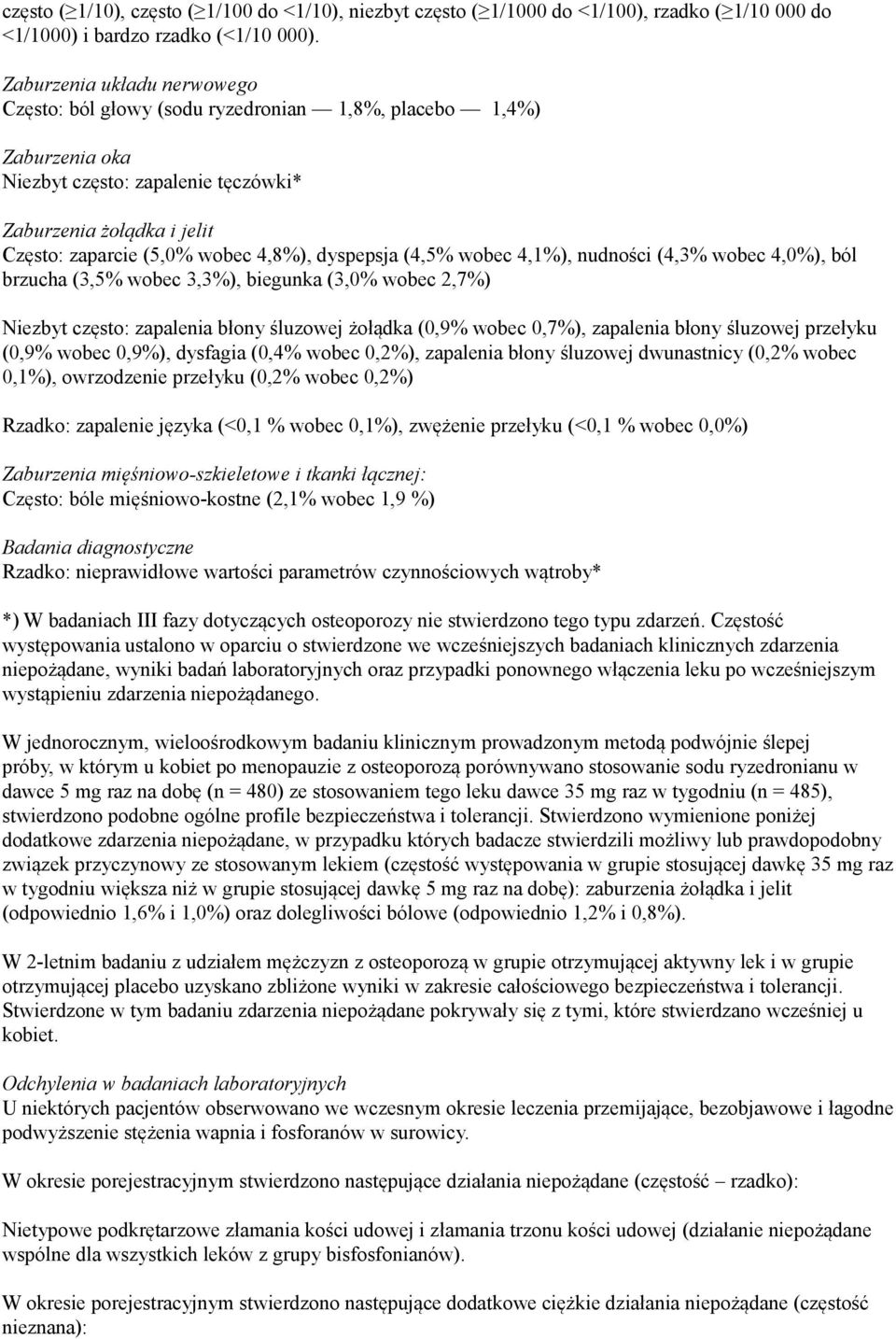 dyspepsja (4,5% wobec 4,1%), nudności (4,3% wobec 4,0%), ból brzucha (3,5% wobec 3,3%), biegunka (3,0% wobec 2,7%) Niezbyt często: zapalenia błony śluzowej żołądka (0,9% wobec 0,7%), zapalenia błony