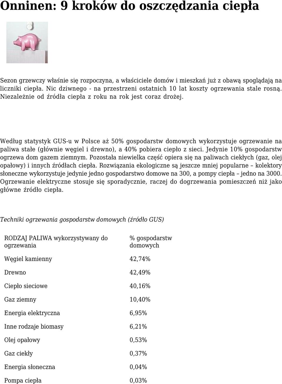 Według statystyk GUS-u w Polsce aż 50% gospodarstw domowych wykorzystuje ogrzewanie na paliwa stałe (głównie węgiel i drewno), a 40% pobiera ciepło z sieci.