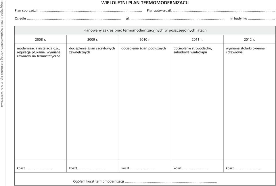 modernizacja instalacja c.o., regulacja płukanie, wymiana zaworów na termostatyczne docieplenie ścian szczytowych zewnętrznych docieplenie ścian