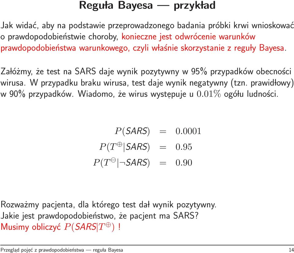 W przypadku braku wirusa, test daje wynik negatywny (tzn. prawid lowy) w 90% przypadków. Wiadomo, że wirus wystepuje u 0.01% ogó lu ludności. P(SARS) = 0.0001 P(T SARS) = 0.