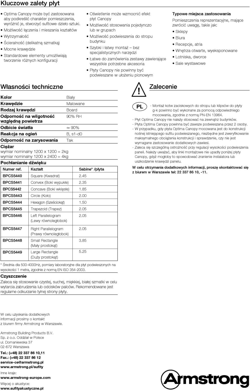 płyt Canopy Możliwość stosowania pojedynczo lub w grupach Możliwość podwieszenia do stropu budynku Szybki i łatwy montaż bez specjalistycznych narzędzi Łatwe do zamówienia zestawy zawierające