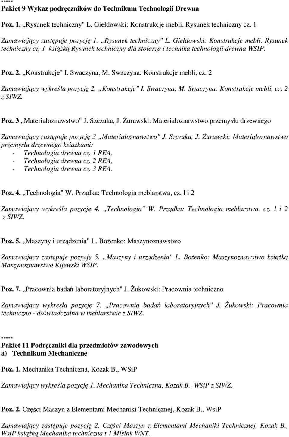 Swaczyna: Konstrukcje mebli, cz. 2 Zamawiający wykreśla pozycję 2. Konstrukcje" I. Swaczyna, M. Swaczyna: Konstrukcje mebli, cz. 2 z SIWZ. Poz. 3 Materiałoznawstwo" J. Szczuka, J.