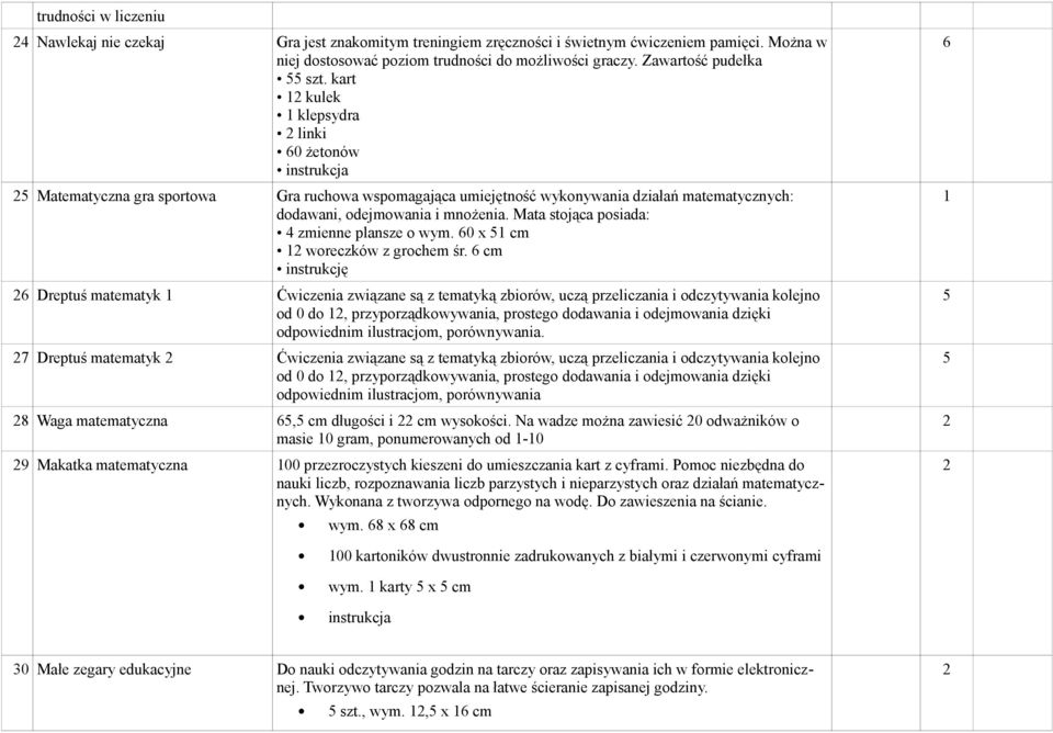 kart kulek klepsydra linki 60 żetonów instrukcja 5 Matematyczna gra sportowa Gra ruchowa wspomagająca umiejętność wykonywania działań matematycznych: dodawani, odejmowania i mnożenia.