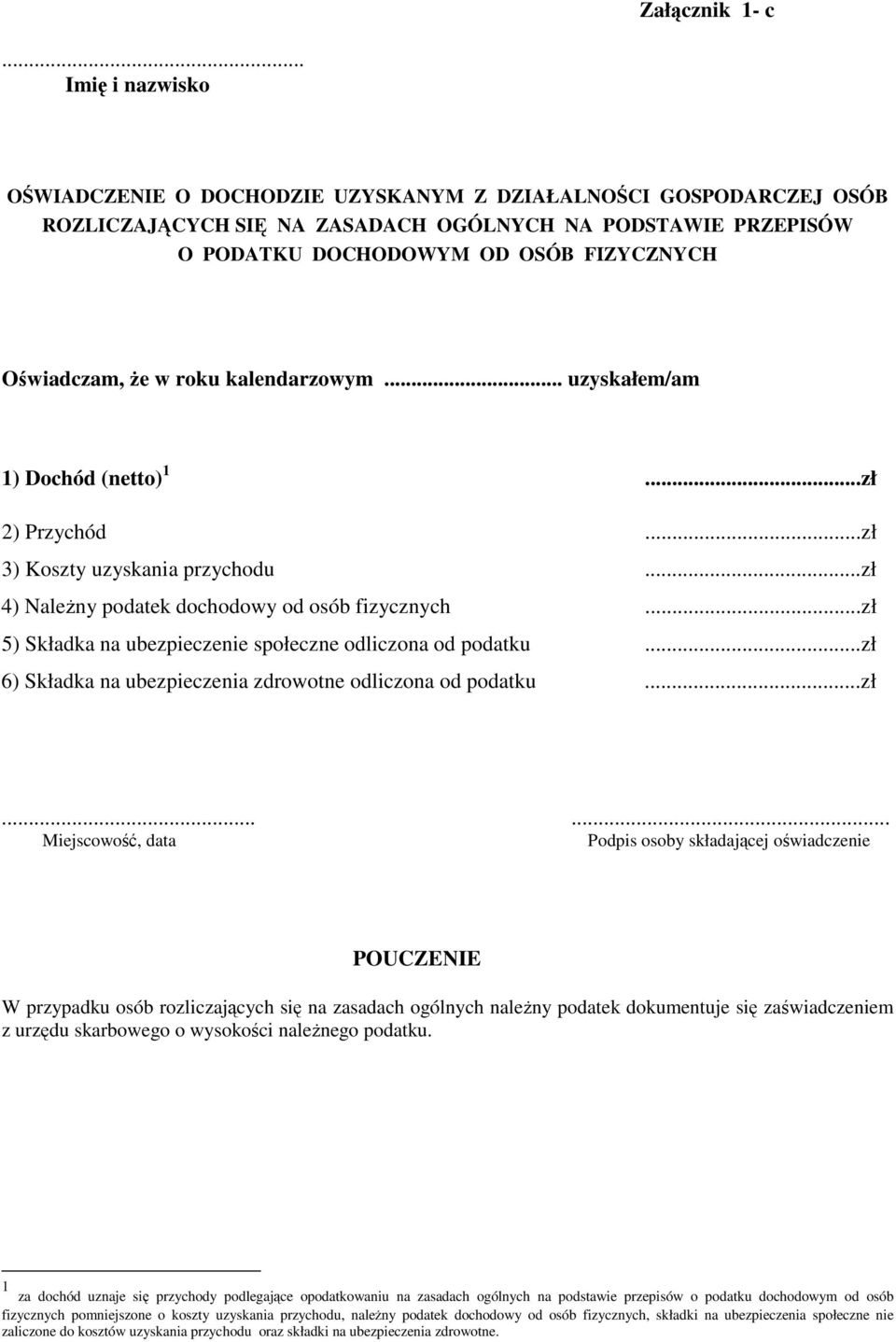 roku kalendarzowym... uzyskałem/am 1) Dochód (netto) 1...zł 2) Przychód...zł 3) Koszty uzyskania przychodu...zł 4) Naleny podatek dochodowy od osób fizycznych.