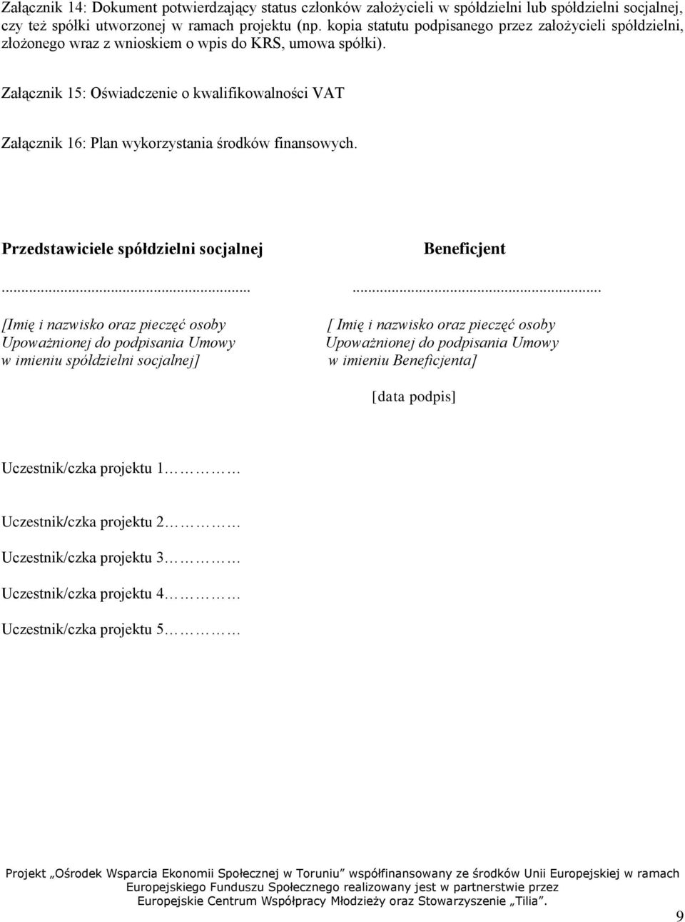 Załącznik 15: Oświadczenie o kwalifikowalności VAT Załącznik 16: Plan wykorzystania środków finansowych. Przedstawiciele spółdzielni socjalnej Beneficjent.