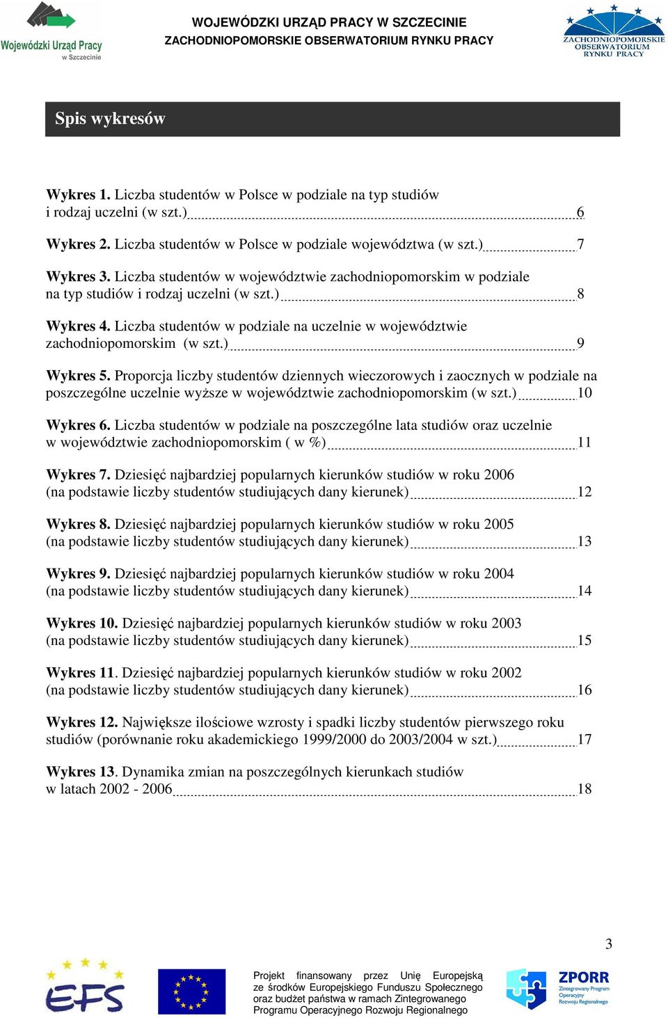 ) 9 Wykres 5. Proporcja liczby studentów dziennych wieczorowych i zaocznych w podziale na poszczególne uczelnie wyŝsze w województwie zachodniopomorskim (w szt.) 10 Wykres 6.