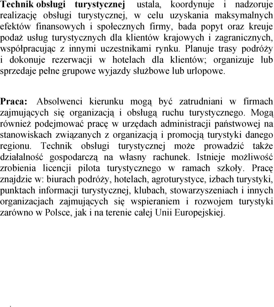 Planuje trasy podróży i dokonuje rezerwacji w hotelach dla klientów; organizuje lub sprzedaje pełne grupowe wyjazdy służbowe lub urlopowe.