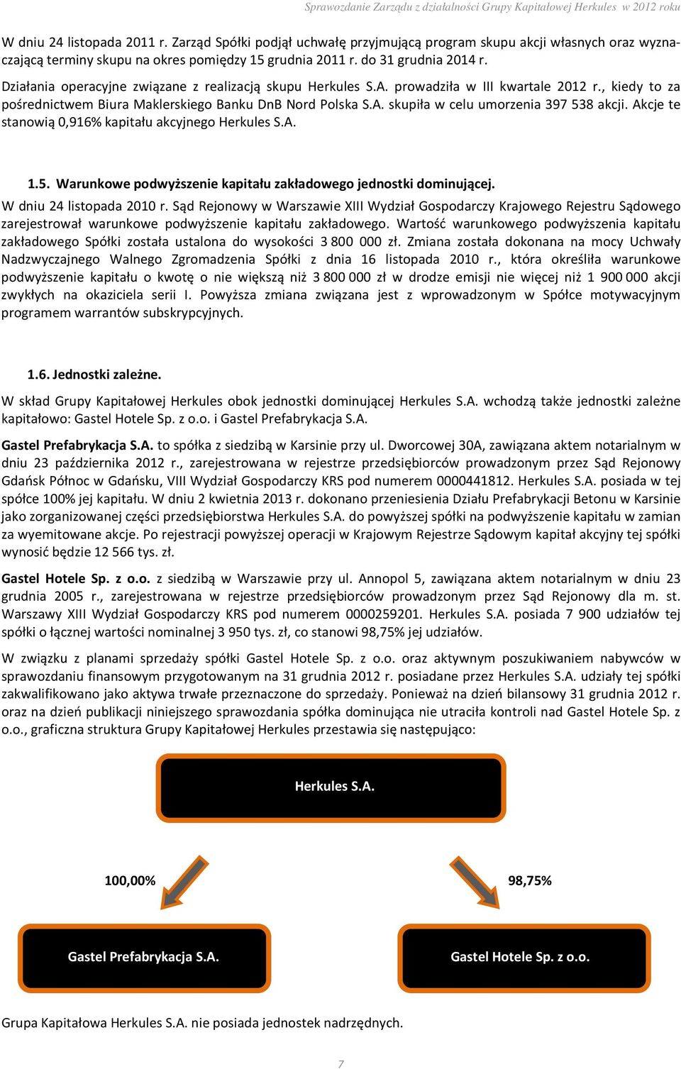 Akcje te stanowią 0,916% kapitału akcyjnego Herkules S.A. 1.5. Warunkowe podwyższenie kapitału zakładowego jednostki dominującej. W dniu 24 listopada 2010 r.