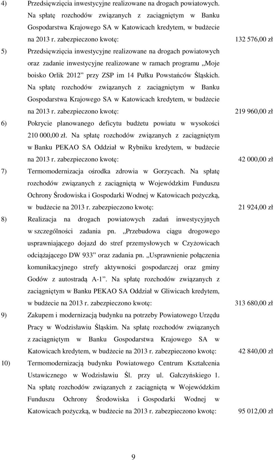 Śląskich. Na spłatę rozchodów związanych z zaciągniętym w Banku Gospodarstwa Krajowego SA w Katowicach kredytem, w budżecie na 2013 r.